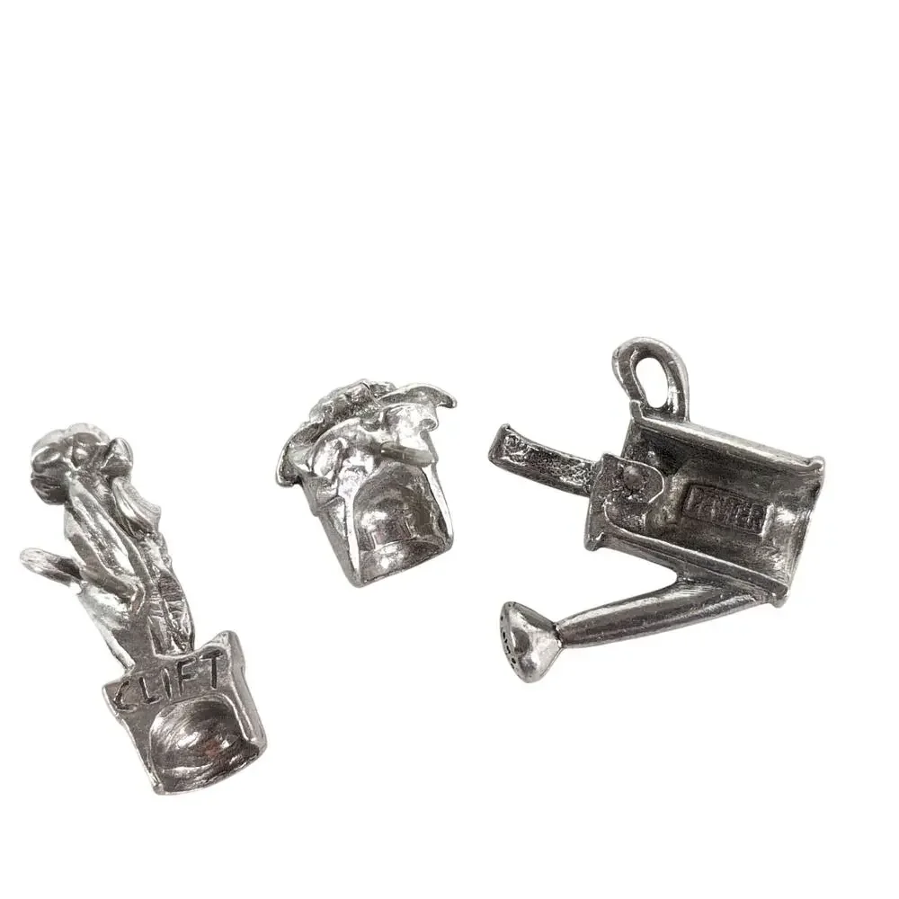 Set 3 Jim Clift Pewter Garden Lapel Tack Pins, Vintage 90s, Watering Can Flowers